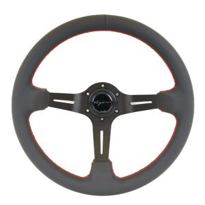 Vigor Steering Wheel Daytona Black - Black 350mm 70mm Leather Red Waffle Stitch