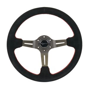 Vigor Steering Wheel Daytona Black - Black 350mm 70mm Suede Red Waffle Stitch