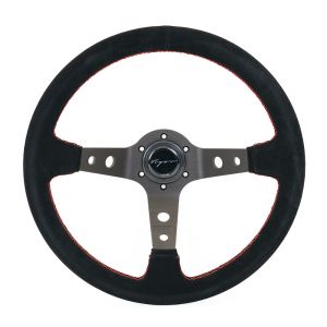 Vigor Steering Wheel Speedway Black - Black 350mm 90mm Suede Red Waffle Stitch