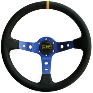 QSP Steering Wheel Racing Black Cross Stitching Blue 350mm Leather