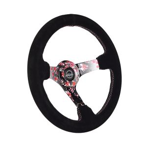 NRG Innovations Steering Wheel Pink Cross Stitching Sakura Floral Black 350mm Suede