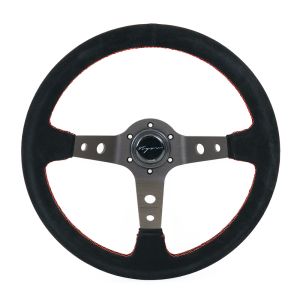 Vigor Steering Wheel Speedway Red Cross Stitching Black - Black 350mm Suede